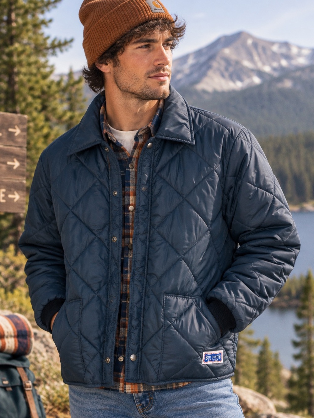 Vintage 80s Big Smith Quilted Nylon Jacket Men Size L Navy Blue Gorpcore